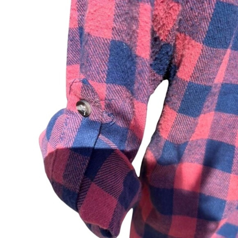Flannel Button Down Women L Pink Navy Buffalo Plaid GOOD CONDITION - Picture 6 of 8